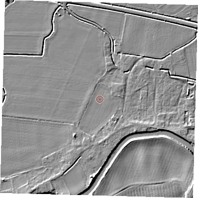 Shaded relief map of the ground around PE114GB, computed from Environment Agency LiDAR. The ground here sits at about 4 m above sea level and falls 5 m across the surrounding 800 m. Surface water reaching this point runs off ground lying to the south-west, 2.1 m higher.