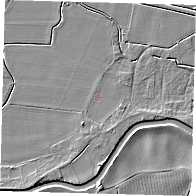 Shaded relief map of the ground around PE114GD, computed from Environment Agency LiDAR. The ground here sits at about 3 m above sea level and falls 5 m across the surrounding 800 m. Surface water reaching this point runs off ground lying to the south-south-west, 2.0 m higher.