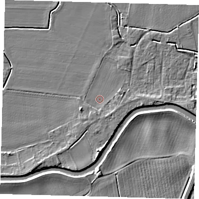 Shaded relief map of the ground around PE114GE, computed from Environment Agency LiDAR. The ground here sits at about 4 m above sea level and falls 5 m across the surrounding 800 m. Surface water reaching this point runs off ground lying to the south-south-east, 1.5 m higher.