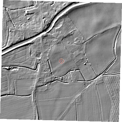 Shaded relief map of the ground around PE114GG, computed from Environment Agency LiDAR. The ground here sits at about 4 m above sea level and falls 5 m across the surrounding 800 m. Surface water reaching this point runs off ground lying to the north-north-west, 1.4 m higher.