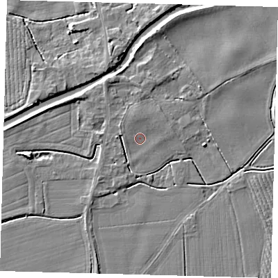 Shaded relief map of the ground around PE114GH, computed from Environment Agency LiDAR. The ground here sits at about 4 m above sea level and falls 5 m across the surrounding 800 m. Surface water reaching this point runs off ground lying to the north-north-west, 2.6 m higher.