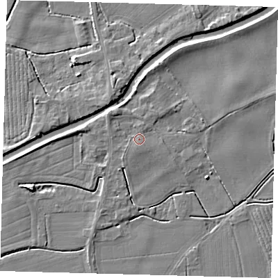 Shaded relief map of the ground around PE114GL, computed from Environment Agency LiDAR. The ground here sits at about 5 m above sea level and falls 5 m across the surrounding 800 m. Surface water reaching this point runs off ground lying to the south-south-west, 0.9 m higher.