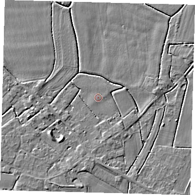 Shaded relief map of the ground around PE114GN, computed from Environment Agency LiDAR. The ground here sits at about 3 m above sea level and falls 4 m across the surrounding 800 m. The ground contributing surface water to this point lies to the east-north-east.