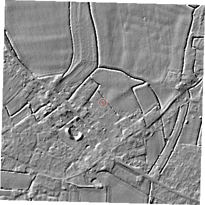 Shaded relief map of the ground around PE114GP, computed from Environment Agency LiDAR. The ground here sits at about 3 m above sea level and falls 4 m across the surrounding 800 m. Surface water reaching this point runs off ground lying to the south, 1.9 m higher.
