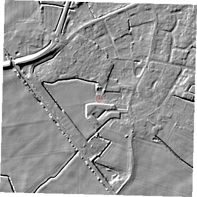 Shaded relief map of the ground around PE114GQ, computed from Environment Agency LiDAR. The ground here sits at about 2 m above sea level and falls 9 m across the surrounding 800 m. Surface water reaching this point runs off ground lying to the south, 3.8 m higher.