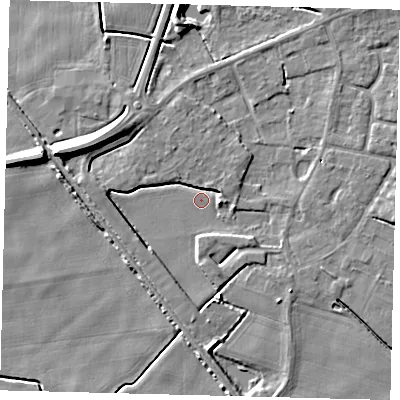 Shaded relief map of the ground around PE114GR, computed from Environment Agency LiDAR. The ground here sits at about 2 m above sea level and falls 9 m across the surrounding 800 m. Surface water reaching this point runs off ground lying to the west-north-west, 7.6 m higher.