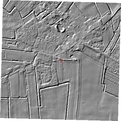 Shaded relief map of the ground around PE114GS, computed from Environment Agency LiDAR. The ground here sits at about 4 m above sea level and falls 4 m across the surrounding 800 m. Surface water reaching this point runs off ground lying to the east-north-east, 1.0 m higher.