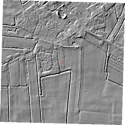 Shaded relief map of the ground around PE114GT, computed from Environment Agency LiDAR. The ground here sits at about 3 m above sea level and falls 4 m across the surrounding 800 m. Surface water reaching this point runs off ground lying to the north-north-west, 1.1 m higher.