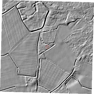 Shaded relief map of the ground around PE114GZ, computed from Environment Agency LiDAR. The ground here sits at about 3 m above sea level and falls 3 m across the surrounding 800 m. Surface water reaching this point runs off ground lying to the north-east, 1.5 m higher.