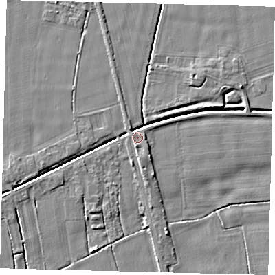 Shaded relief map of the ground around PE114HA, computed from Environment Agency LiDAR. The ground here sits at about 4 m above sea level and falls 5 m across the surrounding 800 m. Surface water reaching this point runs off ground lying to the south, 1.2 m higher.