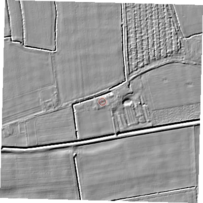 Shaded relief map of the ground around PE114HB, computed from Environment Agency LiDAR. The ground here sits at about 4 m above sea level and falls 4 m across the surrounding 800 m. Surface water reaching this point runs off ground lying to the east-north-east, 2.1 m higher.