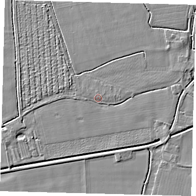 Shaded relief map of the ground around PE114HD, computed from Environment Agency LiDAR. The ground here sits at about 3 m above sea level and falls 4 m across the surrounding 800 m. Surface water reaching this point runs off ground lying to the west-south-west, 4.0 m higher.