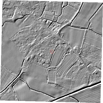 Shaded relief map of the ground around PE114HF, computed from Environment Agency LiDAR. The ground here sits at about 4 m above sea level and falls 4 m across the surrounding 800 m. Surface water reaching this point runs off ground lying to the west-south-west, 1.3 m higher.