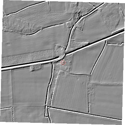 Shaded relief map of the ground around PE114HJ, computed from Environment Agency LiDAR. The ground here sits at about 3 m above sea level and falls 4 m across the surrounding 800 m. Surface water reaching this point runs off ground lying to the north, 2.1 m higher.