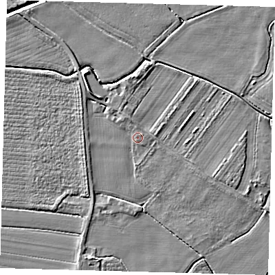 Shaded relief map of the ground around PE114HN, computed from Environment Agency LiDAR. The ground here sits at about 4 m above sea level and falls 6 m across the surrounding 800 m. Surface water reaching this point runs off ground lying to the north-north-west, 1.2 m higher.