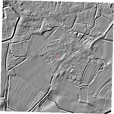 Shaded relief map of the ground around PE114HQ, computed from Environment Agency LiDAR. The ground here sits at about 4 m above sea level and falls 4 m across the surrounding 800 m. Surface water reaching this point runs off ground lying to the east-north-east, 1.1 m higher.