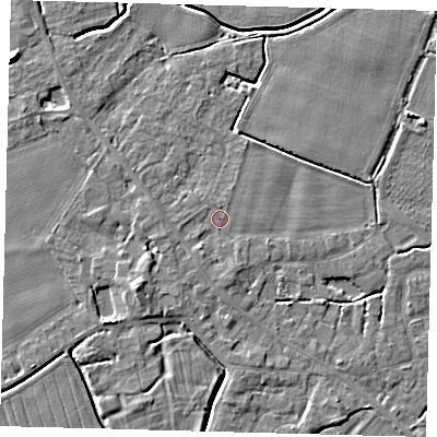 Shaded relief map of the ground around PE114HT, computed from Environment Agency LiDAR. The ground here sits at about 3 m above sea level and falls 7 m across the surrounding 800 m. Surface water reaching this point runs off ground lying to the south-west, 1.5 m higher.