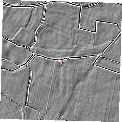 Shaded relief map of the ground around PE114HW, computed from Environment Agency LiDAR. The ground here sits at about 3 m above sea level and falls 2 m across the surrounding 800 m. Surface water reaching this point runs off ground lying to the south-east, 1.6 m higher.