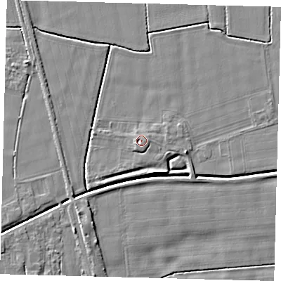 Shaded relief map of the ground around PE114JD, computed from Environment Agency LiDAR. The ground here sits at about 4 m above sea level and falls 5 m across the surrounding 800 m. Surface water reaching this point runs off ground lying to the south, 1.1 m higher.