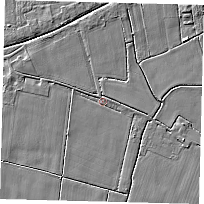 Shaded relief map of the ground around PE114JE, computed from Environment Agency LiDAR. The ground here sits at about 3 m above sea level and falls 4 m across the surrounding 800 m. Surface water reaching this point runs off ground lying to the south-west, 1.8 m higher.
