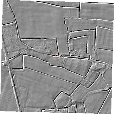 Shaded relief map of the ground around PE114JF, computed from Environment Agency LiDAR. The ground here sits at about 3 m above sea level and falls 3 m across the surrounding 800 m. Surface water reaching this point runs off ground lying to the west-north-west, 1.4 m higher.