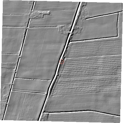 Shaded relief map of the ground around PE114JL, computed from Environment Agency LiDAR. The ground here sits at about 4 m above sea level and falls 4 m across the surrounding 800 m. Surface water reaching this point runs off ground lying to the north, 3.8 m higher.