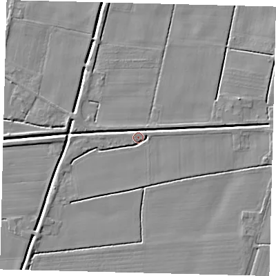 Shaded relief map of the ground around PE114JN, computed from Environment Agency LiDAR. The ground here sits at about 3 m above sea level and falls 5 m across the surrounding 800 m. Surface water reaching this point runs off ground lying to the east, 2.3 m higher.
