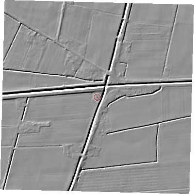 Shaded relief map of the ground around PE114JX, computed from Environment Agency LiDAR. The ground here sits at about 3 m above sea level and falls 4 m across the surrounding 800 m. Surface water reaching this point runs off ground lying to the north-north-west, 4.2 m higher.