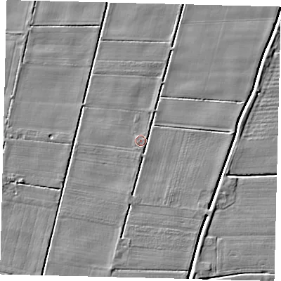 Shaded relief map of the ground around PE114LD, computed from Environment Agency LiDAR. The ground here sits at about 3 m above sea level and falls 4 m across the surrounding 800 m. Surface water reaching this point runs off ground lying to the east-north-east, 0.7 m higher.