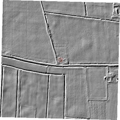 Shaded relief map of the ground around PE114LG, computed from Environment Agency LiDAR. The ground here sits at about 3 m above sea level and falls 4 m across the surrounding 800 m. Surface water reaching this point runs off ground lying to the south-west, 0.6 m higher.
