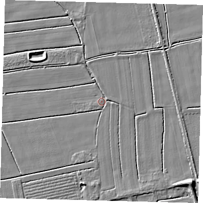 Shaded relief map of the ground around PE114LH, computed from Environment Agency LiDAR. The ground here sits at about 3 m above sea level and falls 7 m across the surrounding 800 m. Surface water reaching this point runs off ground lying to the west-south-west, 0.6 m higher.