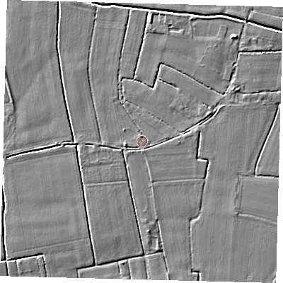 Shaded relief map of the ground around PE114LJ, computed from Environment Agency LiDAR. The ground here sits at about 3 m above sea level and falls 5 m across the surrounding 800 m. Surface water reaching this point runs off ground lying to the south, 1.3 m higher.