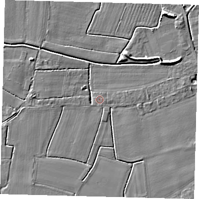 Shaded relief map of the ground around PE114LL, computed from Environment Agency LiDAR. The ground here sits at about 3 m above sea level and falls 7 m across the surrounding 800 m. The ground contributing surface water to this point lies to the east.
