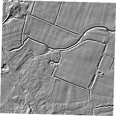 Shaded relief map of the ground around PE114LT, computed from Environment Agency LiDAR. The ground here sits at about 3 m above sea level and falls 4 m across the surrounding 800 m. Surface water reaching this point runs off ground lying to the south-west, 3.3 m higher.