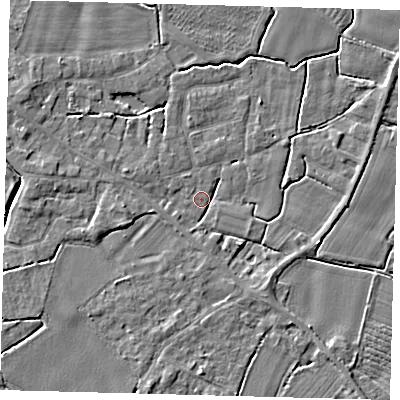 Shaded relief map of the ground around PE114LY, computed from Environment Agency LiDAR. The ground here sits at about 3 m above sea level and falls 4 m across the surrounding 800 m. Surface water reaching this point runs off ground lying to the west, 2.7 m higher.