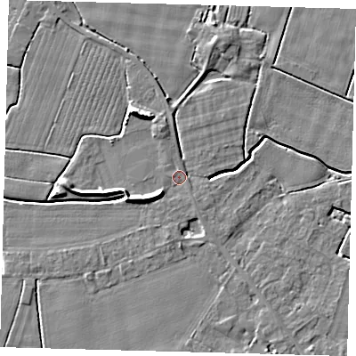 Shaded relief map of the ground around PE114NB, computed from Environment Agency LiDAR. The ground here sits at about 4 m above sea level and falls 7 m across the surrounding 800 m. Surface water reaching this point runs off ground lying to the south, 2.0 m higher.