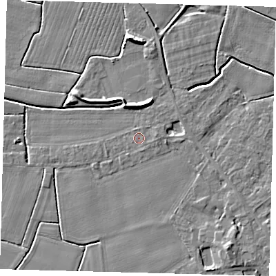 Shaded relief map of the ground around PE114ND, computed from Environment Agency LiDAR. The ground here sits at about 3 m above sea level and falls 7 m across the surrounding 800 m. Surface water reaching this point runs off ground lying to the east, 1.0 m higher.