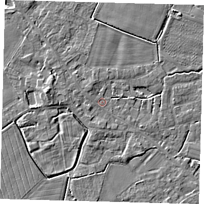 Shaded relief map of the ground around PE114NJ, computed from Environment Agency LiDAR. The ground here sits at about 4 m above sea level and falls 5 m across the surrounding 800 m. Surface water reaching this point runs off ground lying to the west, 1.1 m higher.