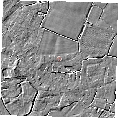 Shaded relief map of the ground around PE114NL, computed from Environment Agency LiDAR. The ground here sits at about 3 m above sea level and falls 5 m across the surrounding 800 m. Surface water reaching this point runs off ground lying to the west-south-west, 2.2 m higher.