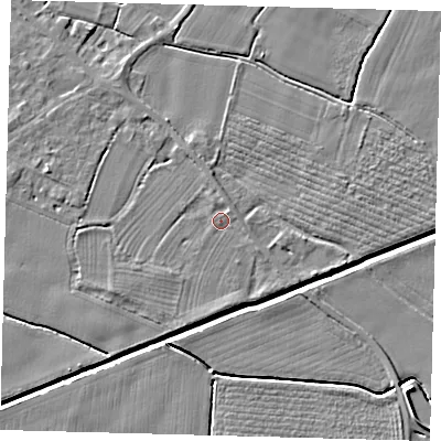 Shaded relief map of the ground around PE114NP, computed from Environment Agency LiDAR. The ground here sits at about 4 m above sea level and falls 6 m across the surrounding 800 m. Surface water reaching this point runs off ground lying to the north-north-east, 1.6 m higher.