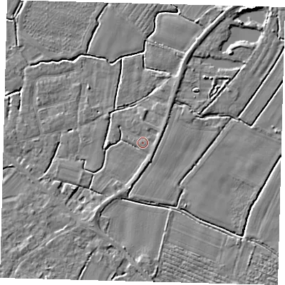 Shaded relief map of the ground around PE114NR, computed from Environment Agency LiDAR. The ground here sits at about 3 m above sea level and falls 5 m across the surrounding 800 m. Surface water reaching this point runs off ground lying to the east-north-east, 0.8 m higher.