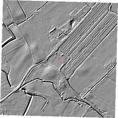Shaded relief map of the ground around PE114NU, computed from Environment Agency LiDAR. The ground here sits at about 4 m above sea level and falls 6 m across the surrounding 800 m. Surface water reaching this point runs off ground lying to the south-south-west, 2.0 m higher.