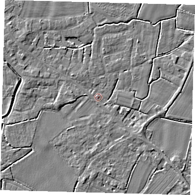 Shaded relief map of the ground around PE114NW, computed from Environment Agency LiDAR. The ground here sits at about 4 m above sea level and falls 4 m across the surrounding 800 m. Surface water reaching this point runs off ground lying to the west, 2.1 m higher.