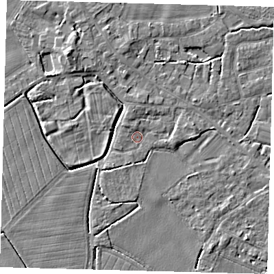 Shaded relief map of the ground around PE114NY, computed from Environment Agency LiDAR. The ground here sits at about 4 m above sea level and falls 5 m across the surrounding 800 m. Surface water reaching this point runs off ground lying to the north-north-west, 1.4 m higher.