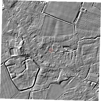 Shaded relief map of the ground around PE114NZ, computed from Environment Agency LiDAR. The ground here sits at about 3 m above sea level and falls 5 m across the surrounding 800 m. Surface water reaching this point runs off ground lying to the west-north-west, 2.2 m higher.