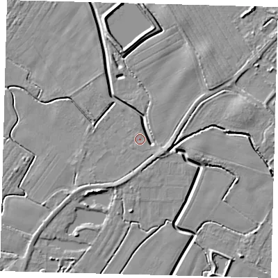 Shaded relief map of the ground around PE114PA, computed from Environment Agency LiDAR. The ground here sits at about 3 m above sea level and falls 6 m across the surrounding 800 m. Surface water reaching this point runs off ground lying to the east-north-east, 5.3 m higher.