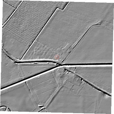 Shaded relief map of the ground around PE114PB, computed from Environment Agency LiDAR. The ground here sits at about 4 m above sea level and falls 5 m across the surrounding 800 m. Surface water reaching this point runs off ground lying to the south-south-west, 1.9 m higher.
