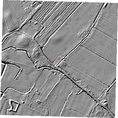 Shaded relief map of the ground around PE114PD, computed from Environment Agency LiDAR. The ground here sits at about 3 m above sea level and falls 5 m across the surrounding 800 m. Surface water reaching this point runs off ground lying to the south-west, 2.2 m higher.