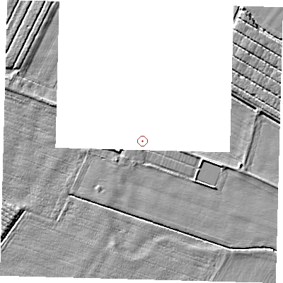 Shaded relief map of the ground around PE114PE, computed from Environment Agency LiDAR. and falls 5 m across the surrounding 800 m. The ground contributing surface water to this point lies to the south.