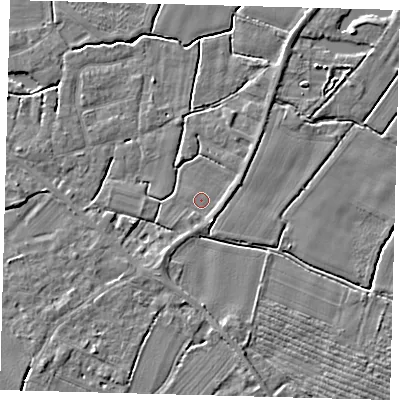 Shaded relief map of the ground around PE114PG, computed from Environment Agency LiDAR. The ground here sits at about 3 m above sea level and falls 4 m across the surrounding 800 m. Surface water reaching this point runs off ground lying to the south-south-east, 1.2 m higher.